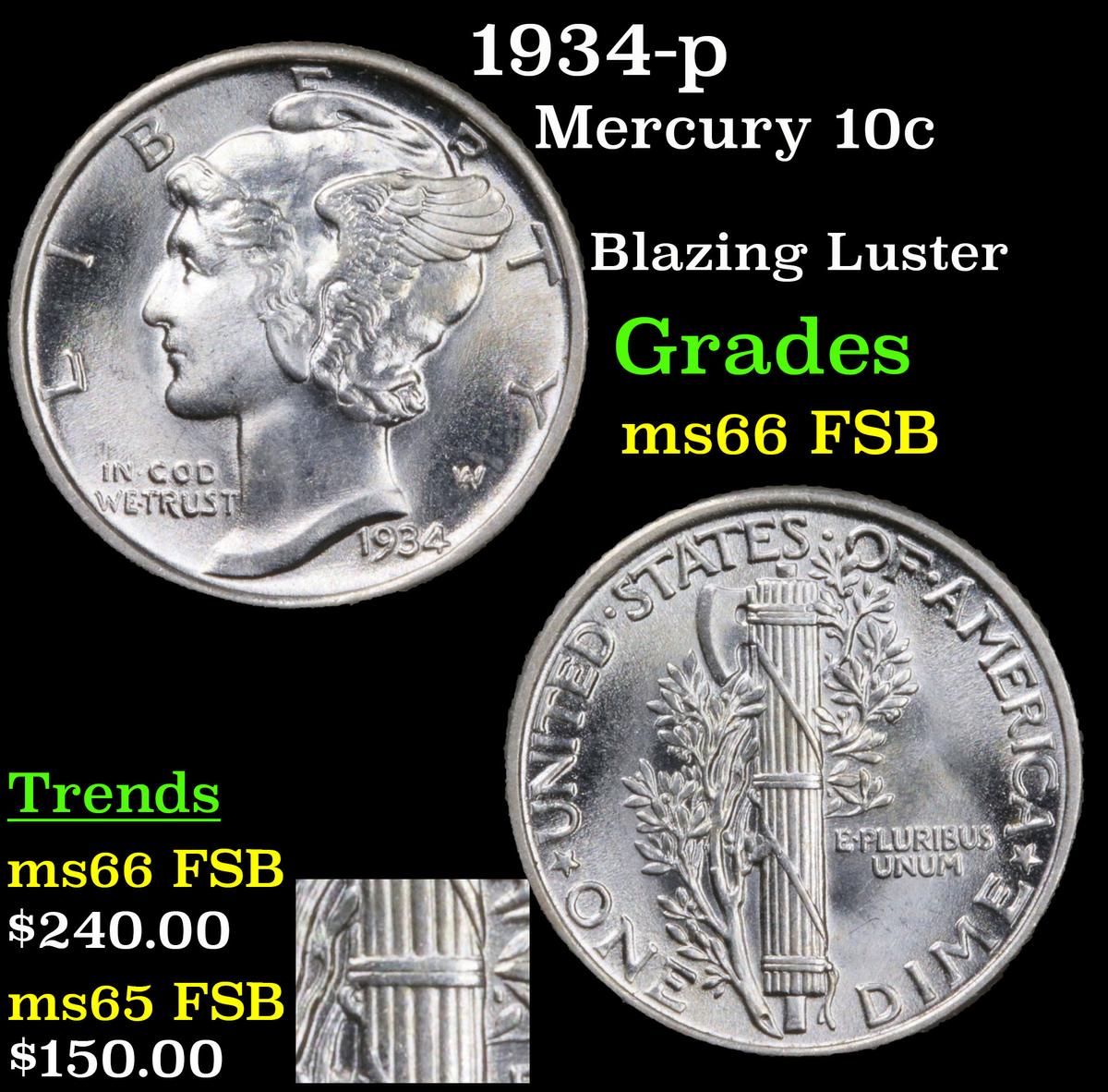 1934-p Mercury Dime 10c Grades GEM+ FSB