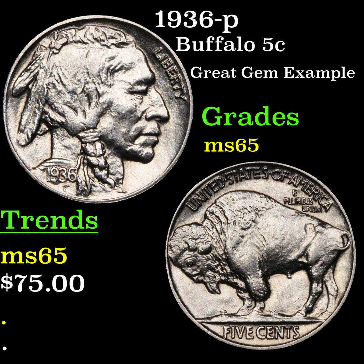 1936-p Buffalo Nickel 5c Grades GEM Unc