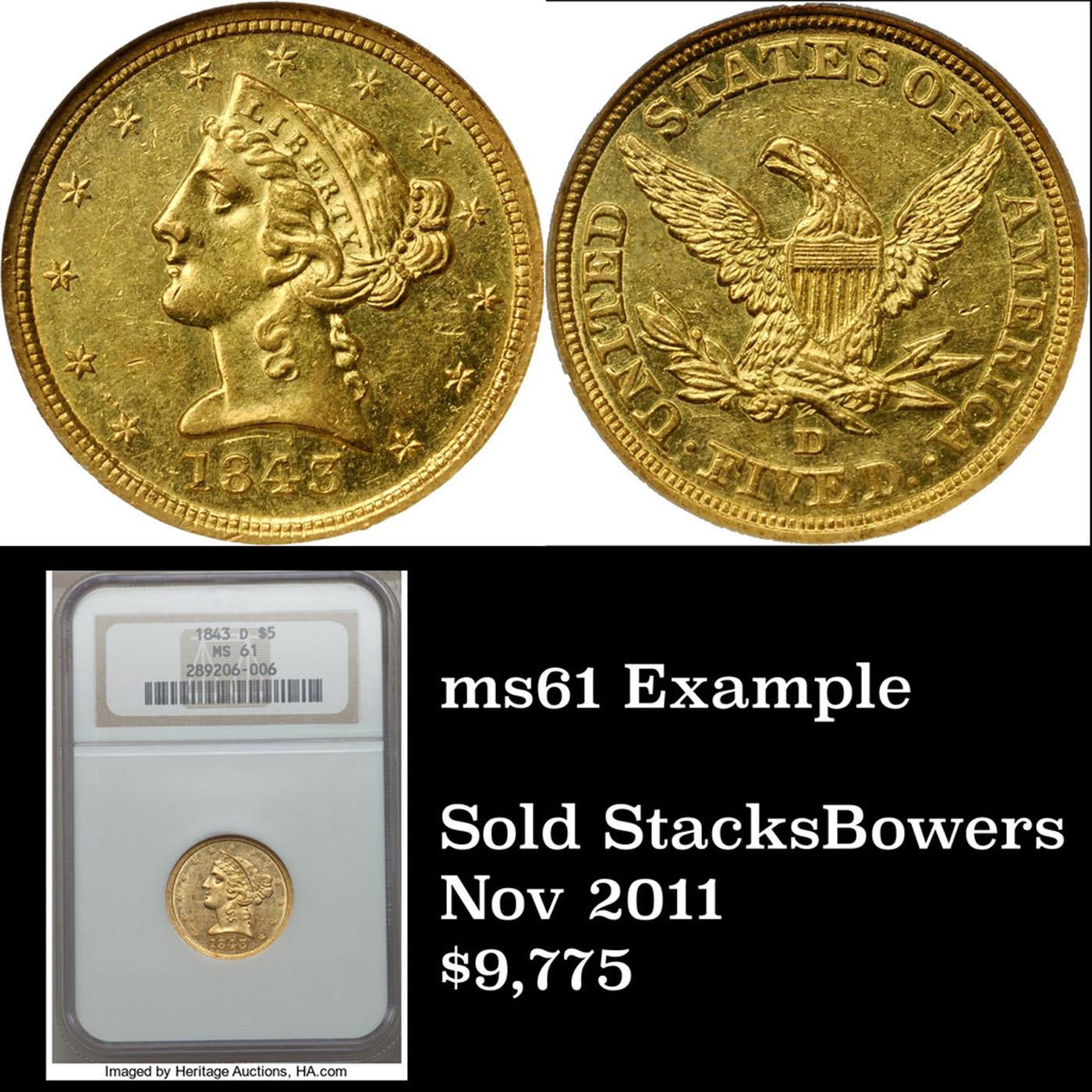 ***Auction Highlight*** 1843-d Dahlonega Gold Liberty Half Eagle $5 Graded BU+ By USCG (fc)