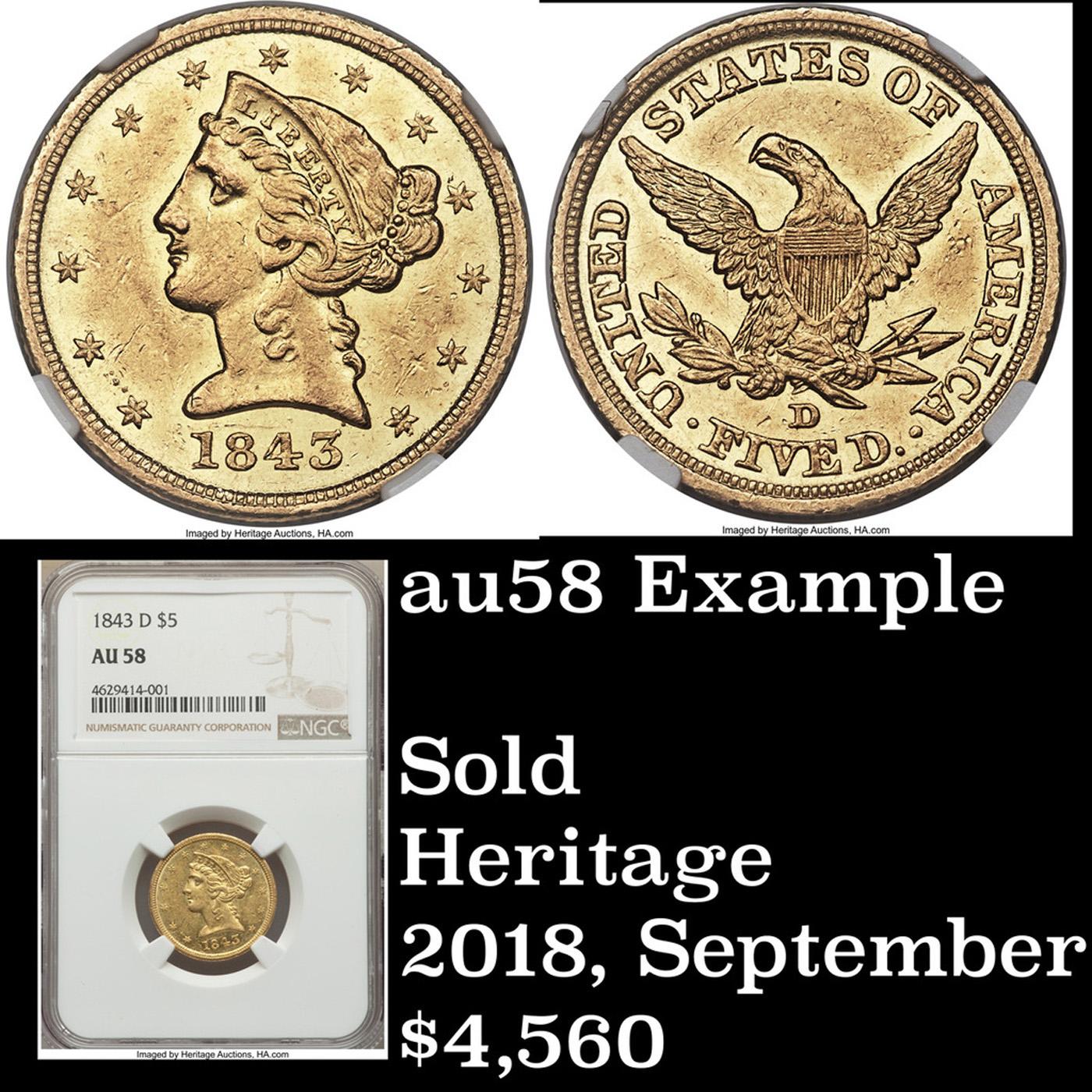 ***Auction Highlight*** 1843-d Dahlonega Gold Liberty Half Eagle $5 Graded BU+ By USCG (fc)