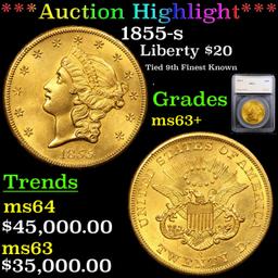 *Highlight of entire auction* 1855-s Gold Liberty Double Eagle $20 Graded ms63+ By SEGS (fc)