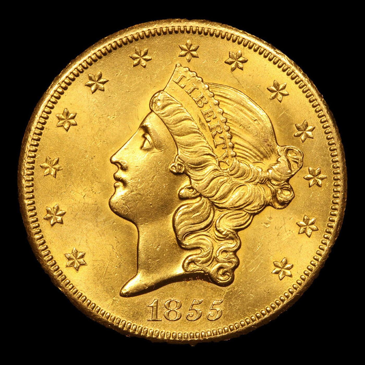 *Highlight of entire auction* 1855-s Gold Liberty Double Eagle $20 Graded ms63+ By SEGS (fc)