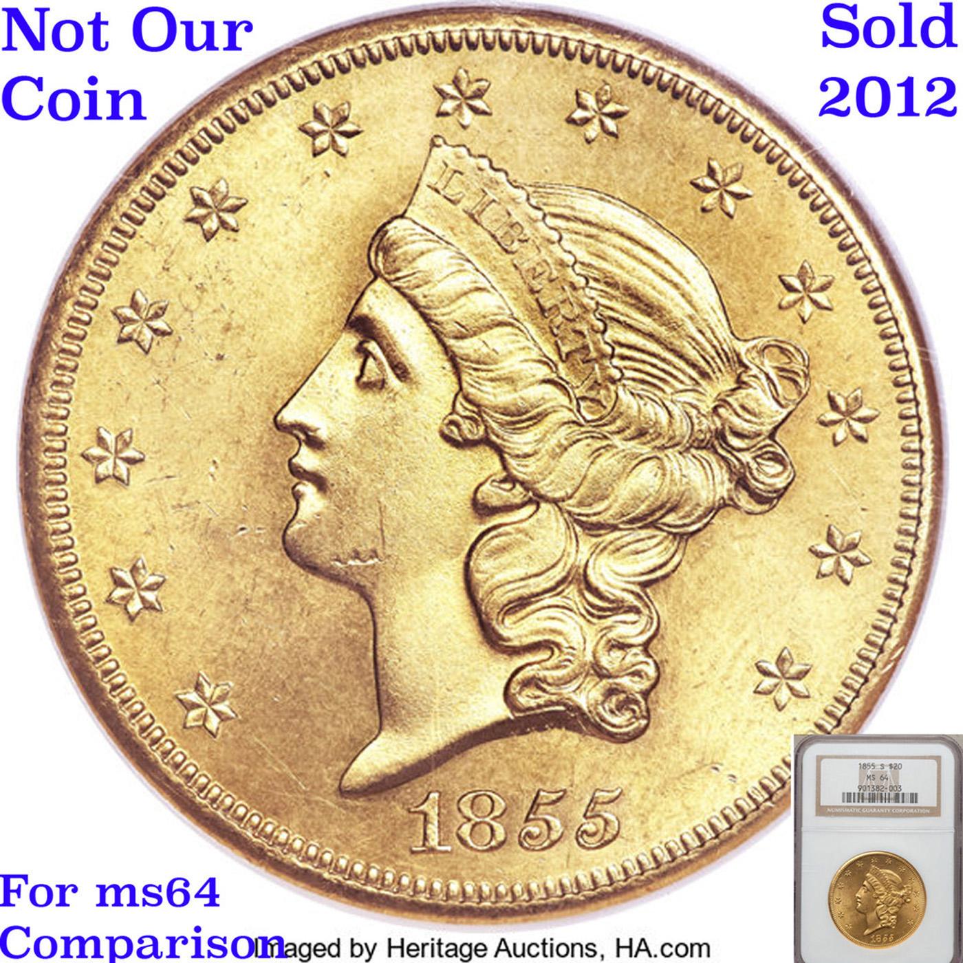 *Highlight of entire auction* 1855-s Gold Liberty Double Eagle $20 Graded ms63+ By SEGS (fc)