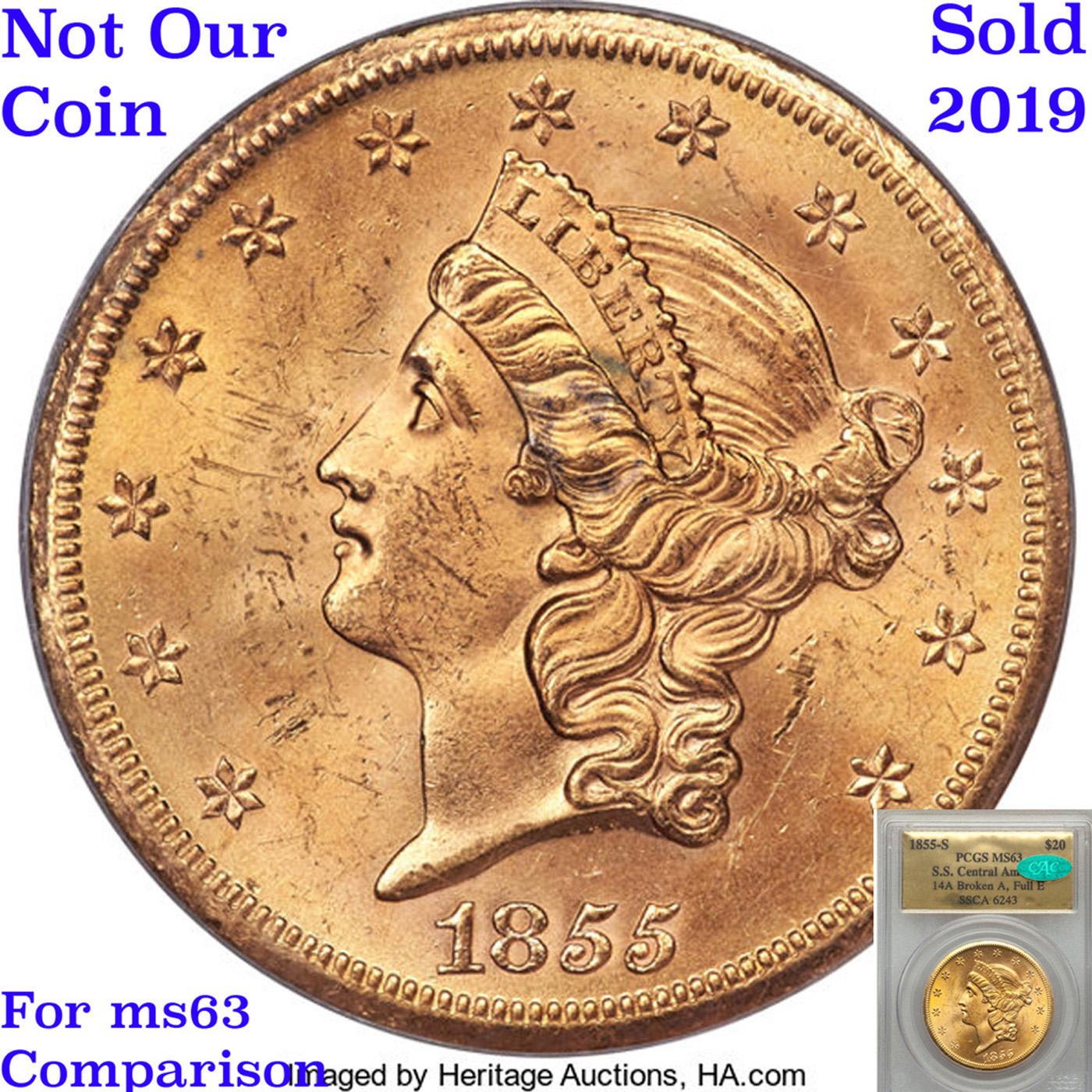 *Highlight of entire auction* 1855-s Gold Liberty Double Eagle $20 Graded ms63+ By SEGS (fc)