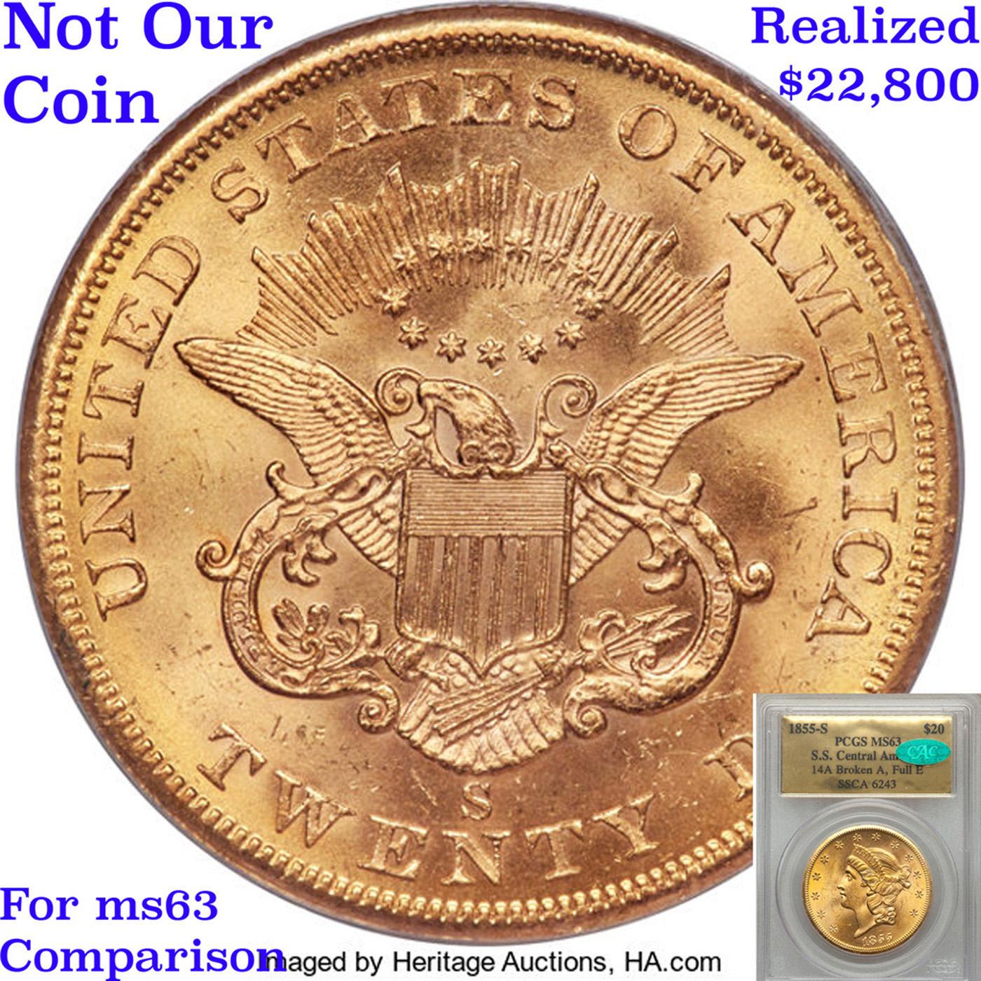 *Highlight of entire auction* 1855-s Gold Liberty Double Eagle $20 Graded ms63+ By SEGS (fc)