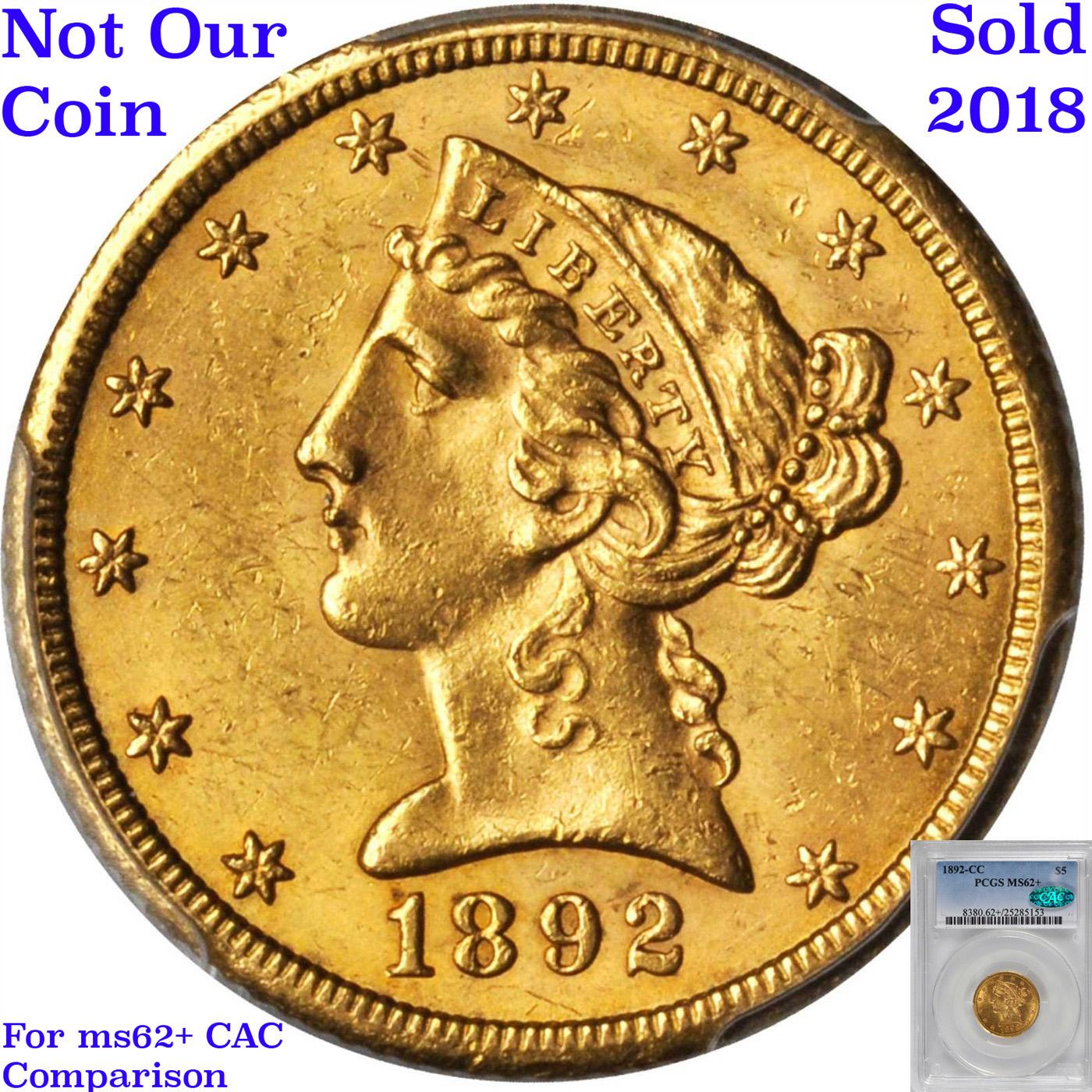 ***Auction Highlight*** 1892-cc Gold Liberty Half Eagle $5 Graded ms62+ By SEGS (fc)