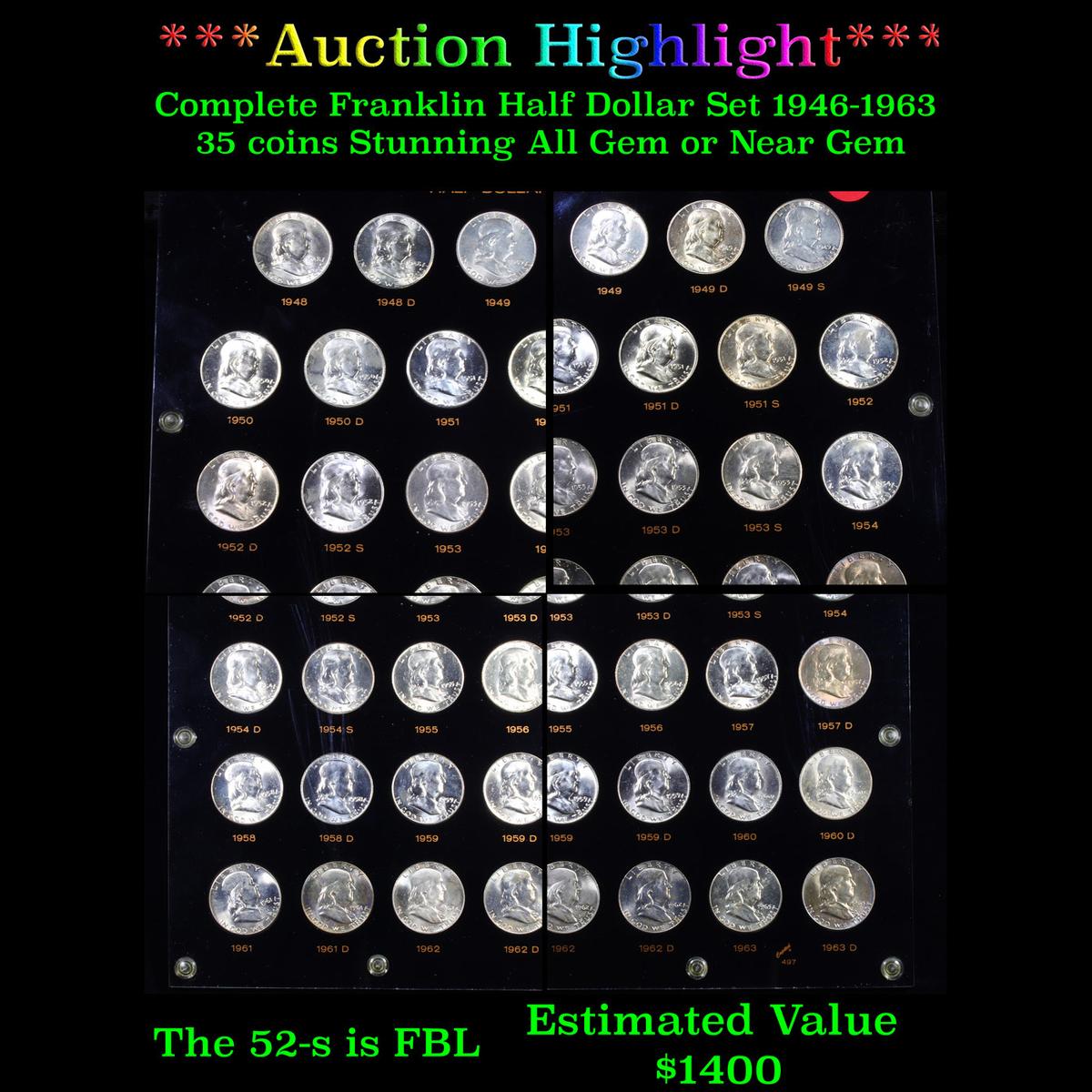 ***Auction Highlight*** Complete Franklin Half Dollar Set 1946-1963 35 coins Stunning All Gem or Nea