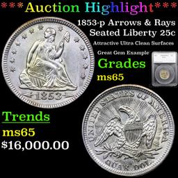 ***Auction Highlight*** 1853-p Arrows & Rays Seated Liberty Quarter 25c Graded ms65 By SEGS (fc)