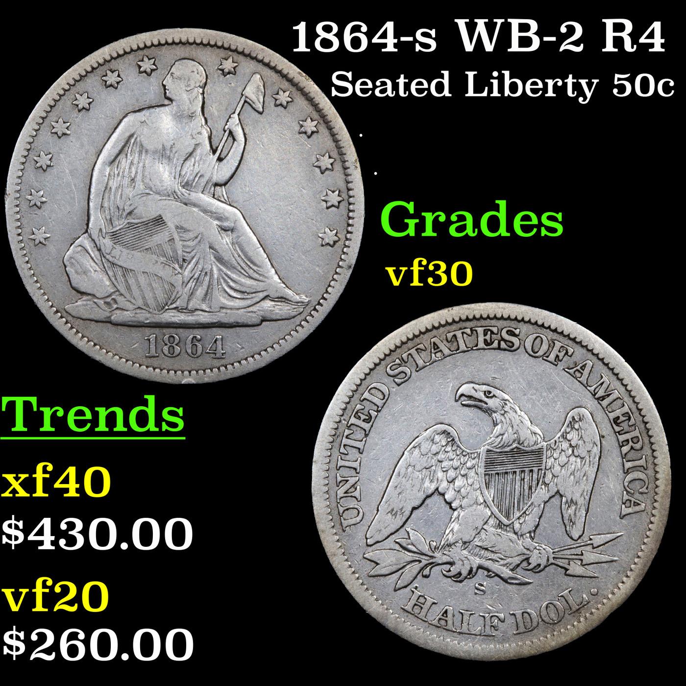 1864-s WB-2 R4 Seated Half Dollar 50c Grades vf++