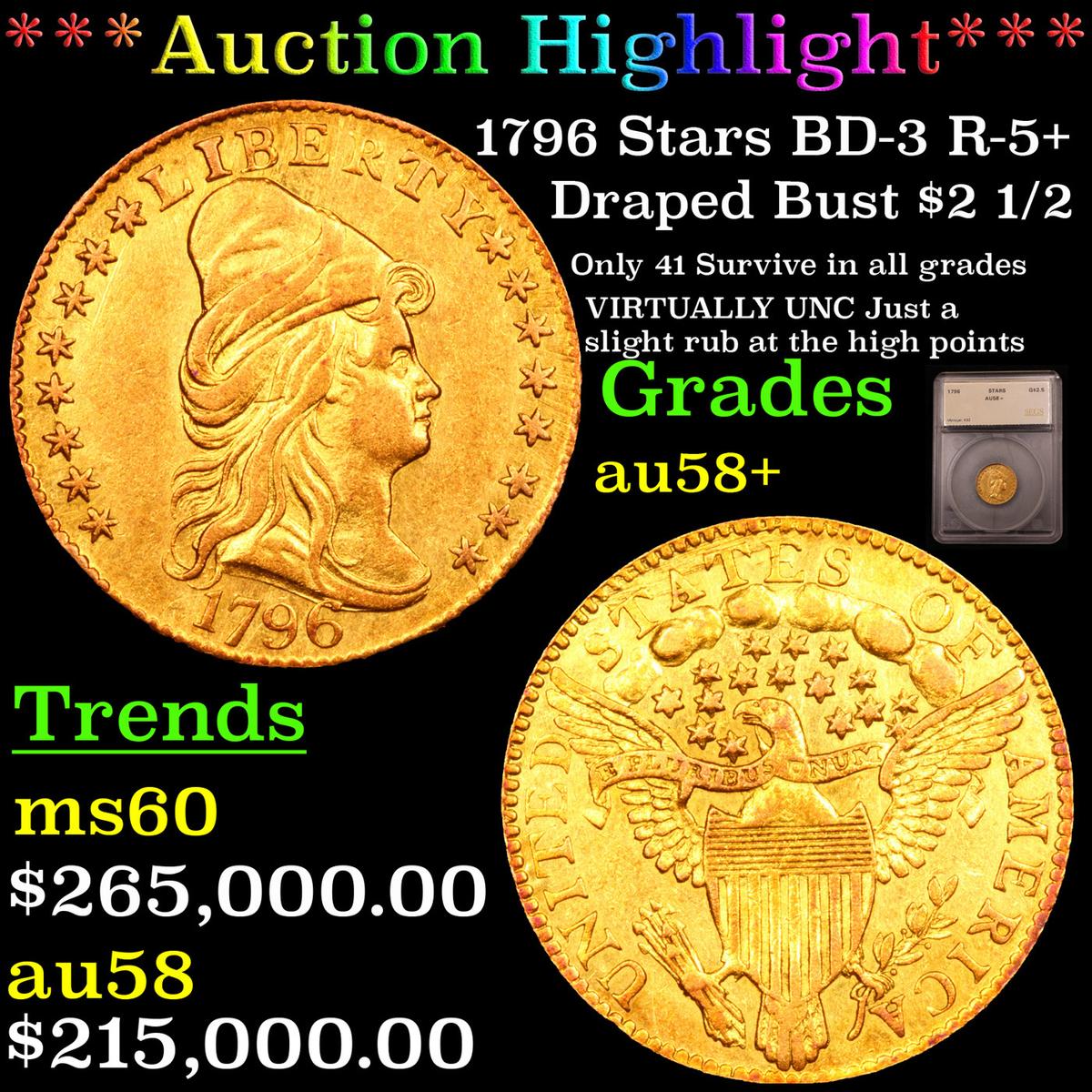 ***Auction Highlight*** 1796 Stars BD-3 R-5+ Draped Bust Quarter Eagle $2 1/2 Graded au58+ By SEGS (