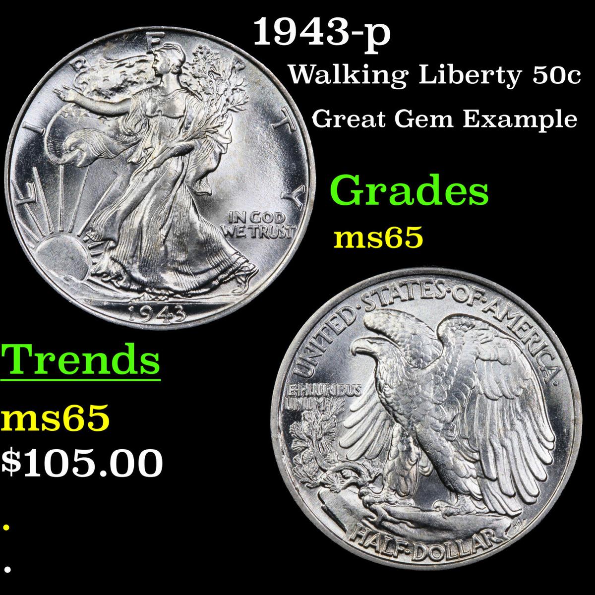 1943-p Walking Liberty Half Dollar 50c Grades GEM Unc