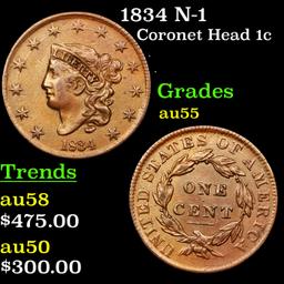 1834 N-1 Coronet Head Large Cent 1c Grades Choice AU