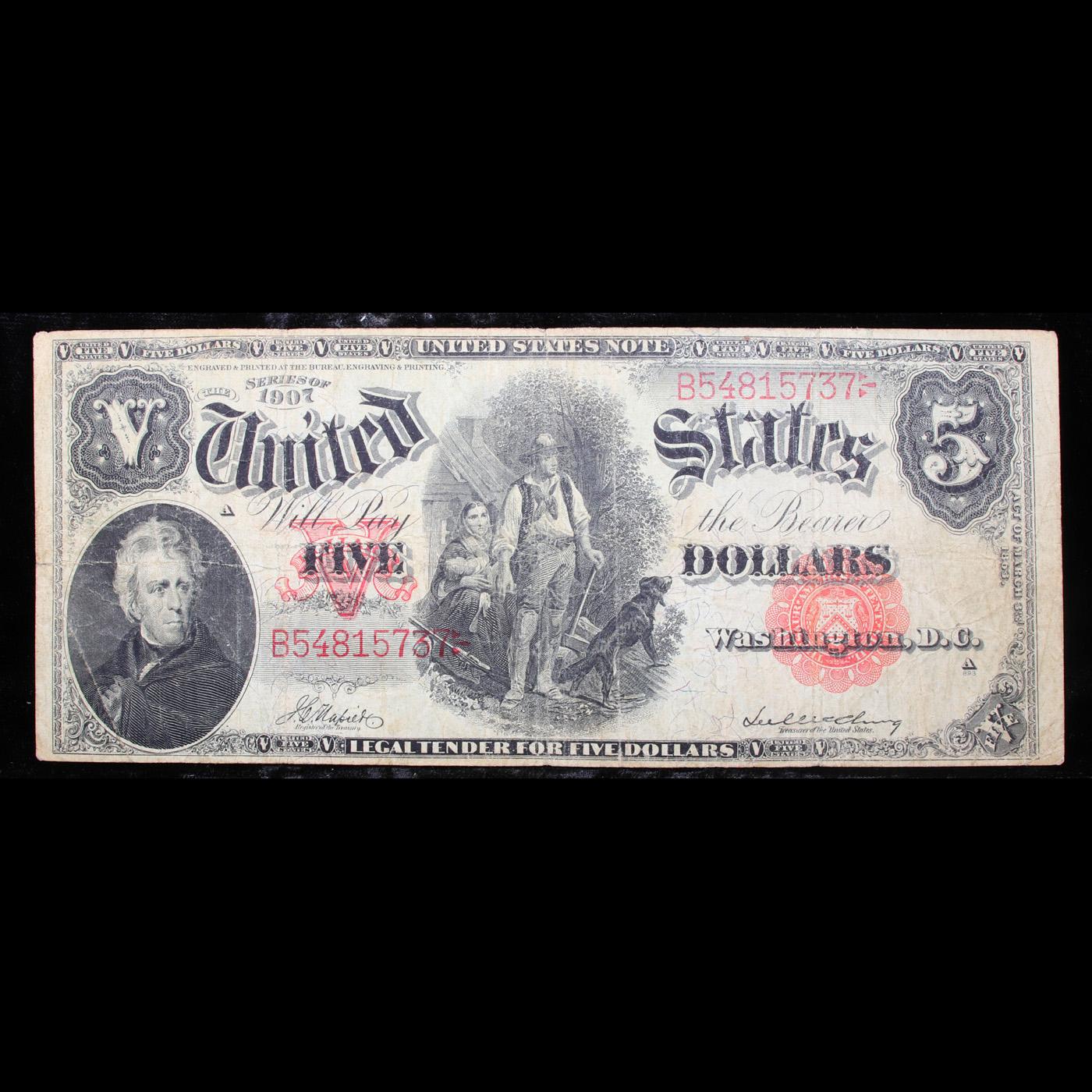 1907 $5 Large Size Legal Tender Note "WoodChopper"  Grades vf+