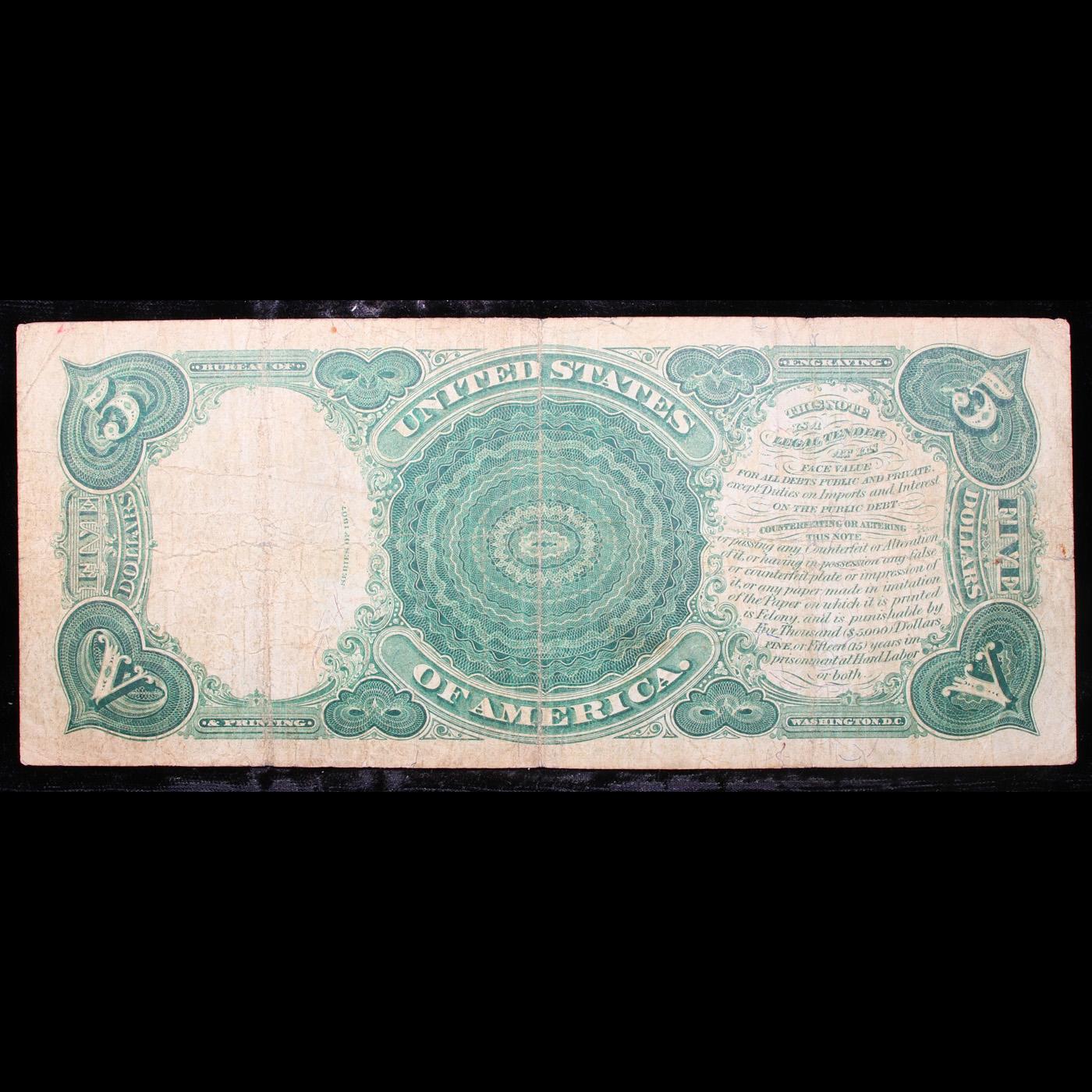 1907 $5 Large Size Legal Tender Note "WoodChopper"  Grades vf+