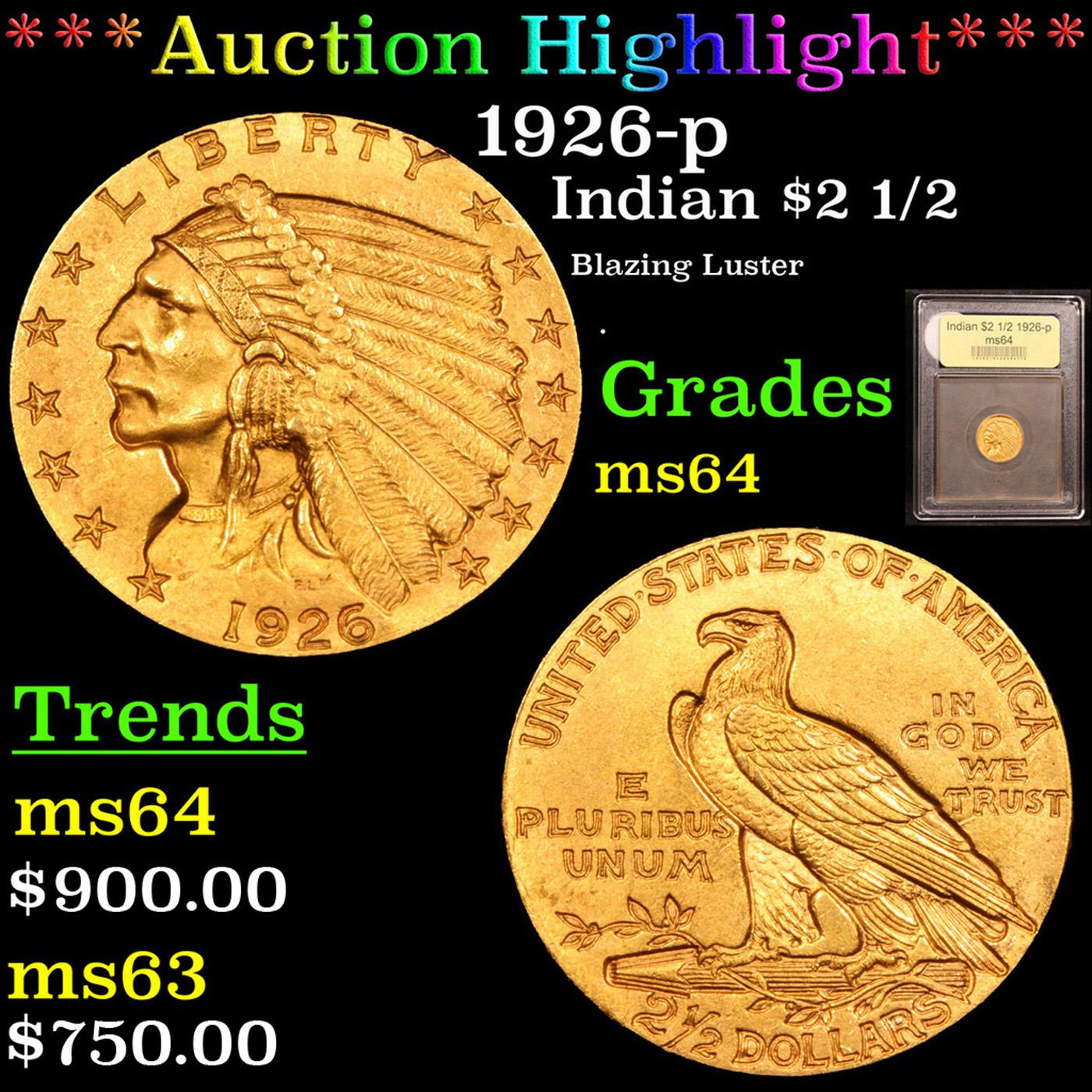 ***Auction Highlight*** 1926-p Gold Indian Quarter Eagle $2 1/2 Graded Choice Unc By USCG (fc)