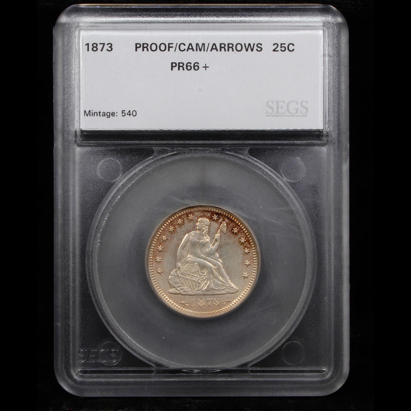 Proof ***Auction Highlight*** 1873 Arrows @ date Seated Liberty Quarter 25c Graded pr66+ cam By SEGS