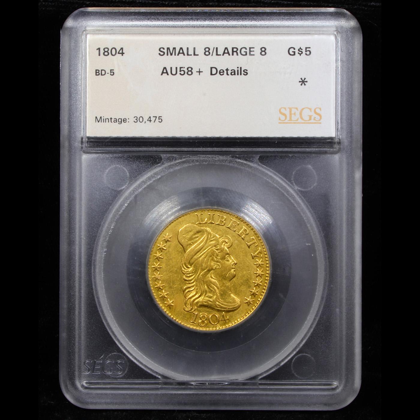 *HIGHLIGHT OF THE MONTH* 1804 Small/Large 8 BD-5 R-7 Gold Draped Bust $5  au58+ details By SEGS (fc)