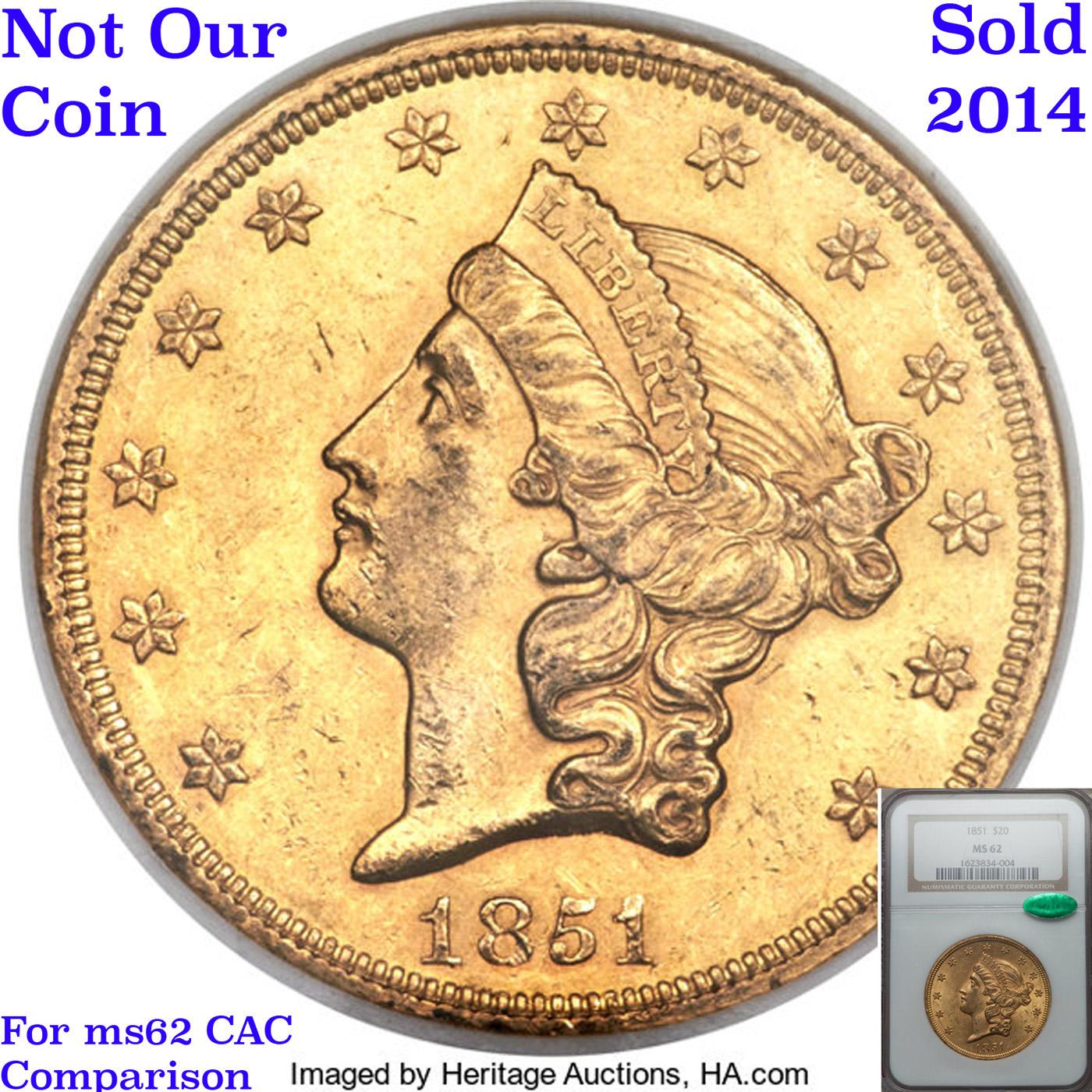 ***Auction Highlight*** 1851-p Gold Liberty Double Eagle $20 Graded ms64 details By SEGS (fc)