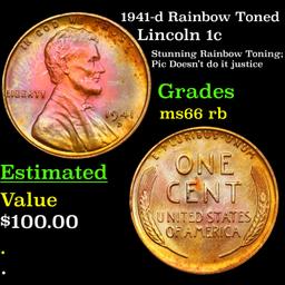 1941-d Rainbow Toned Lincoln Cent 1c Grades GEM+ Unc RB