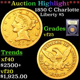 ***Auction Highlight*** 1850 C Charlotte Gold Liberty Half Eagle $5 Graded vf+ By USCG (fc)