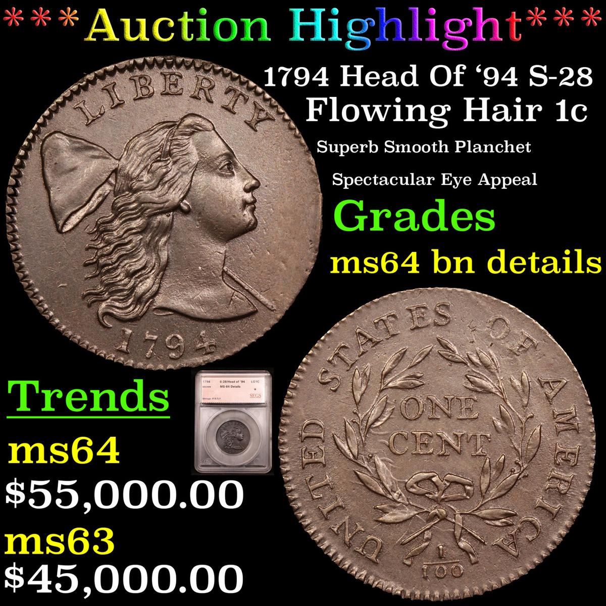 *HIGHLIGHT OF NIGHT* 1794 Head Of '94 S-28 Flowing Hair large cent 1c Graded By SEGS (fc)