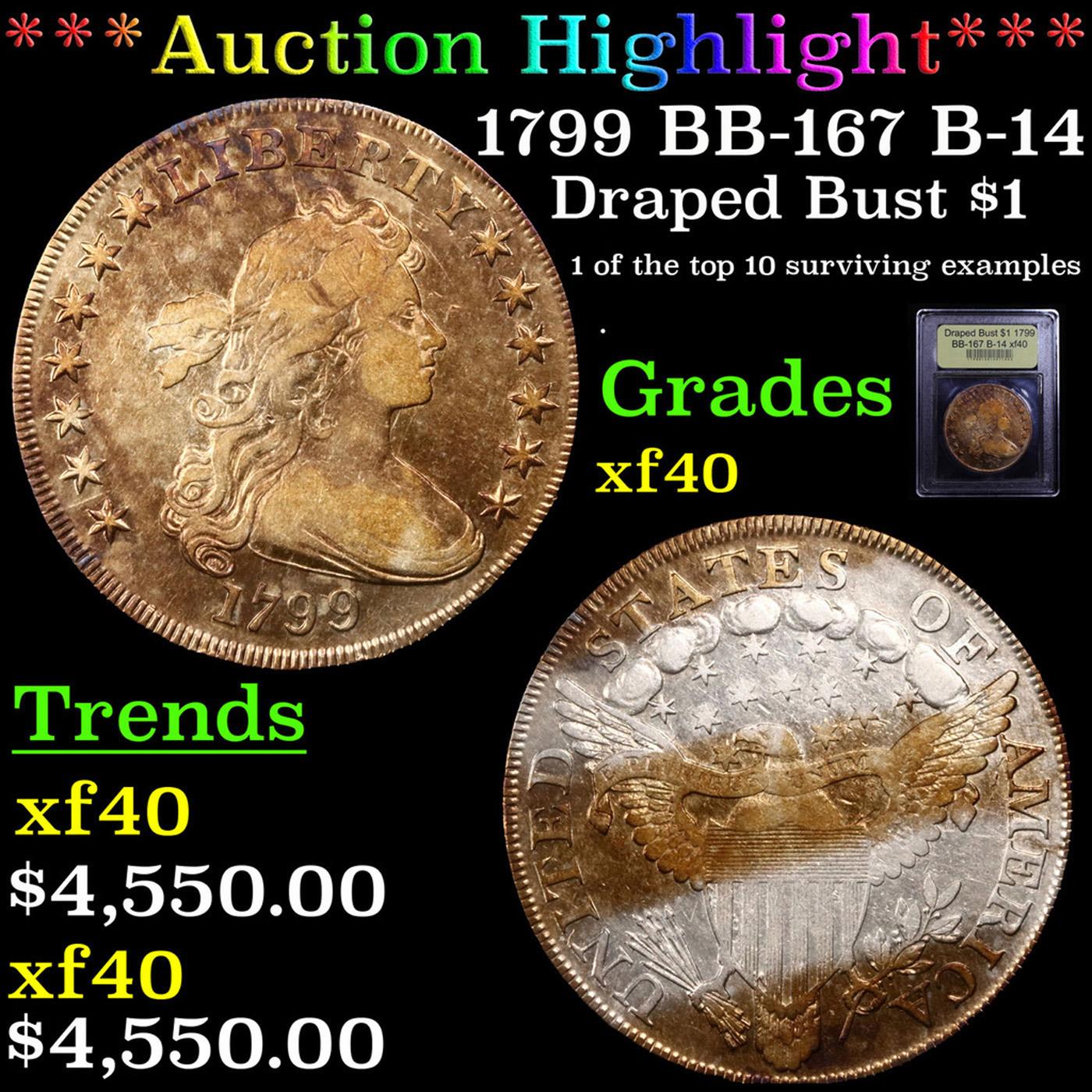 ***Auction Highlight*** 1799 BB-167 B-14 Draped Bust Dollar $1 Graded xf By USCG (fc)