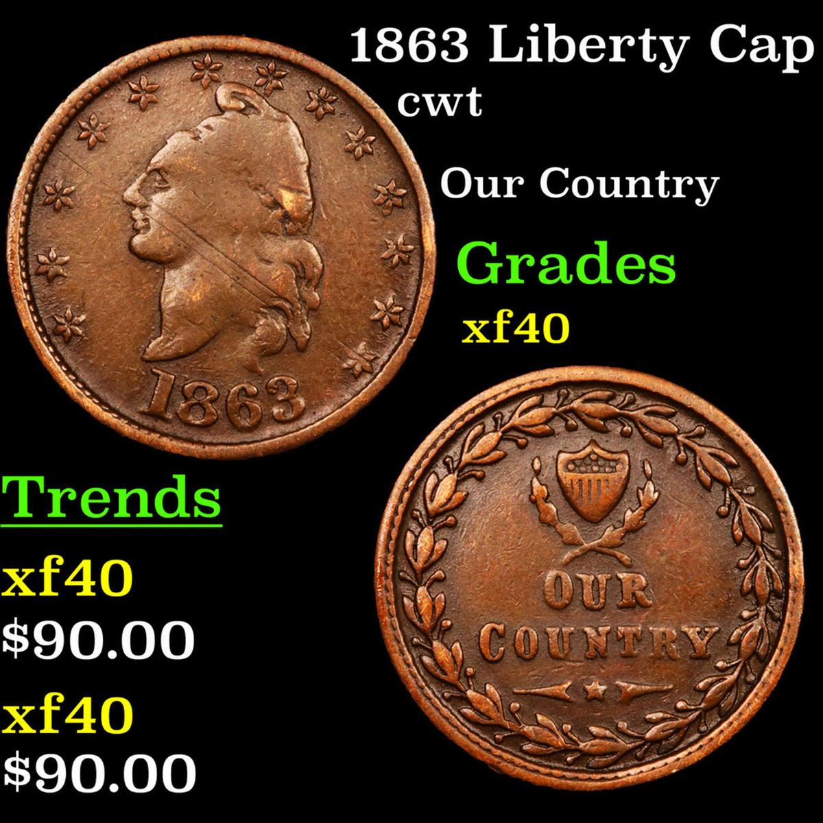1863 Liberty Cap Civil War Token 1c Grades xf