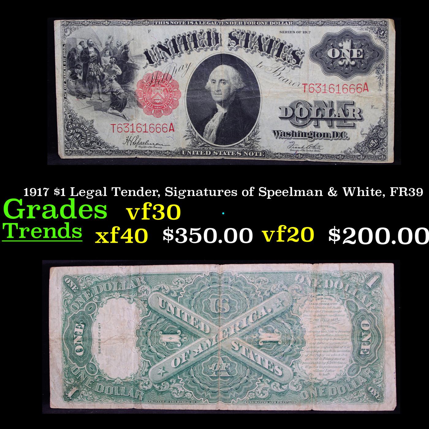 1917 $1 Legal Tender, Signatures of Speelman & White, FR39 Grades vf++