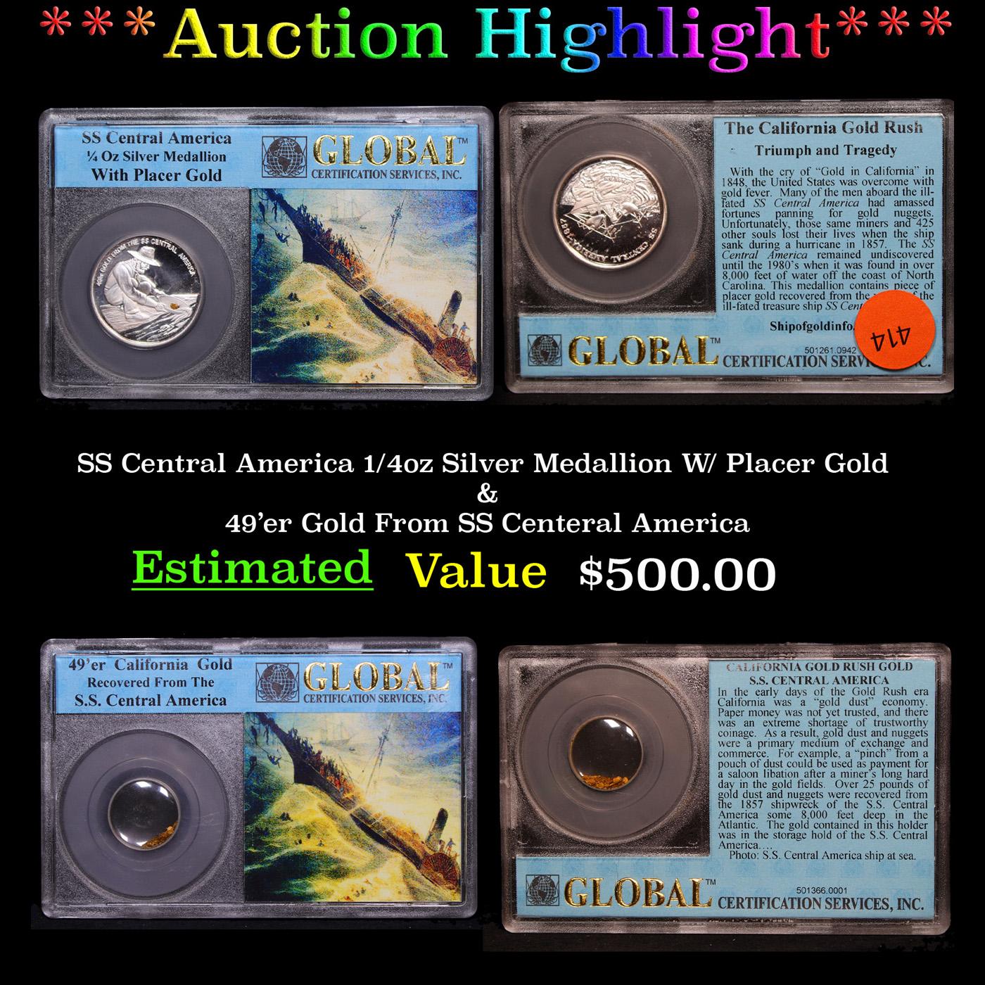 ***Auction Highlight*** SS Central America 1/4oz Silver Medallion W/ Placer Gold & 49'er Gold From S