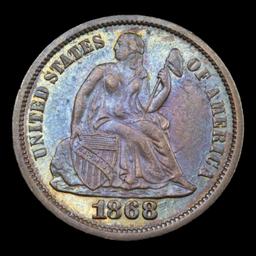 ***Auction Highlight*** 1868-p Rainbow Toned Seated Liberty Dime 10c Graded au58 By SEGS (fc)