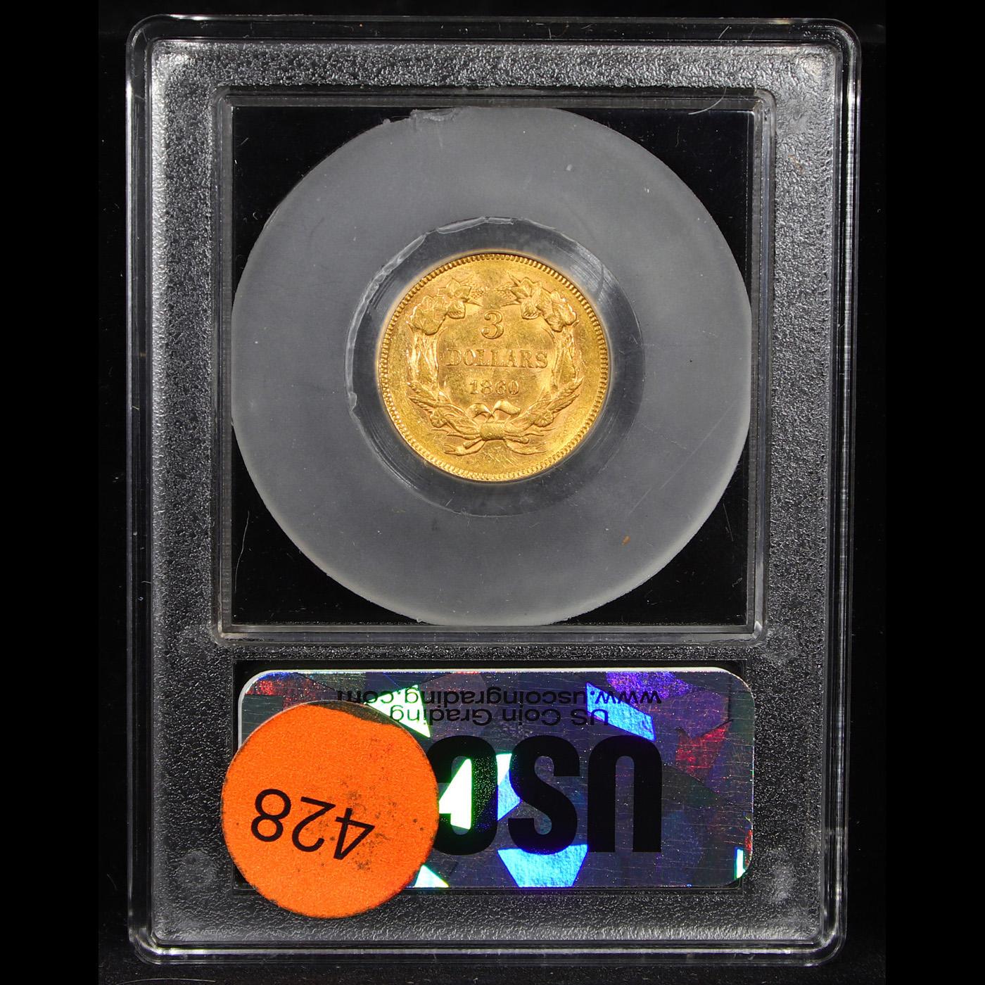 ***Auction Highlight*** 1860 Three Dollar Gold 3 Graded BU+ By USCG (fc)