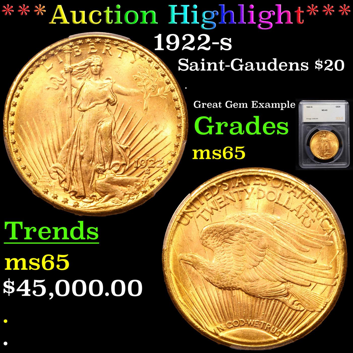 ***Auction Highlight*** 1922-s Saint-Gaudens $20 Gold Double Eagle Graded ms65 By SEGS (fc)