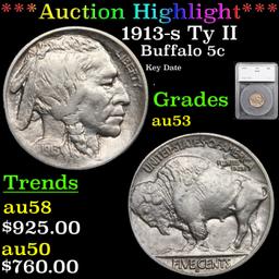 ***Auction Highlight*** 1913-s Ty II Buffalo Nickel 5c Graded au53 By SEGS (fc)