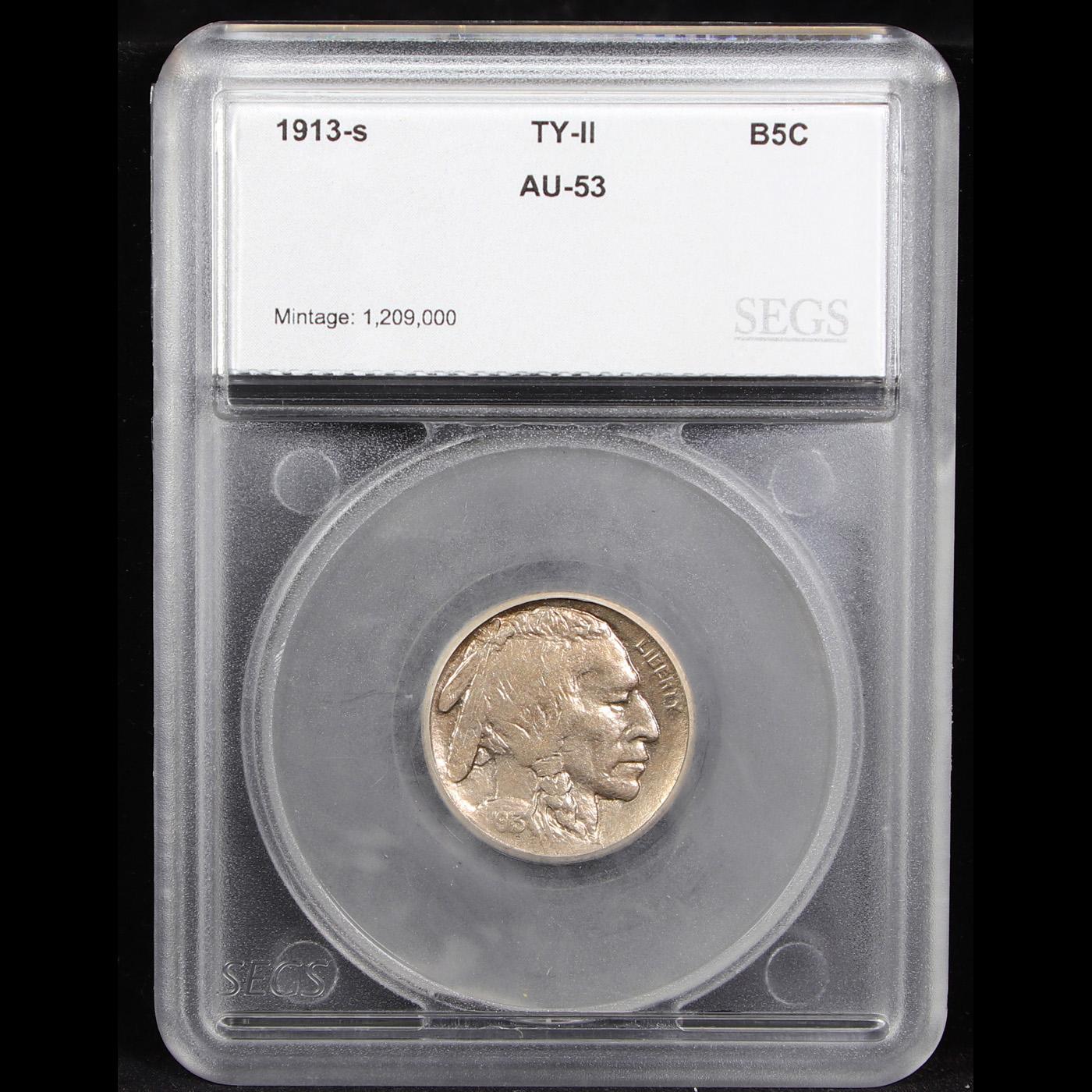 ***Auction Highlight*** 1913-s Ty II Buffalo Nickel 5c Graded au53 By SEGS (fc)