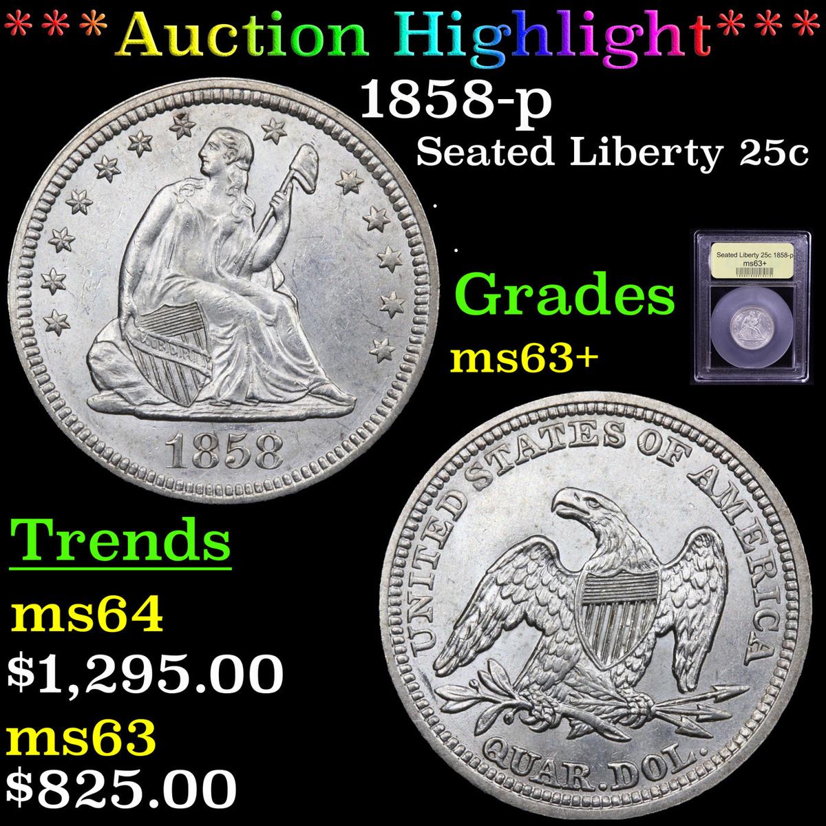 ***Auction Highlight*** 1858-p Seated Liberty Quarter 25c Graded Select+ Unc By USCG (fc)