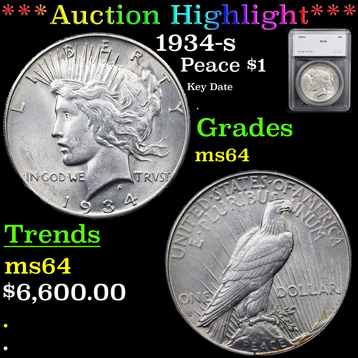 ***Auction Highlight*** 1934-s Peace Dollar $1 Graded ms64 By SEGS (fc)