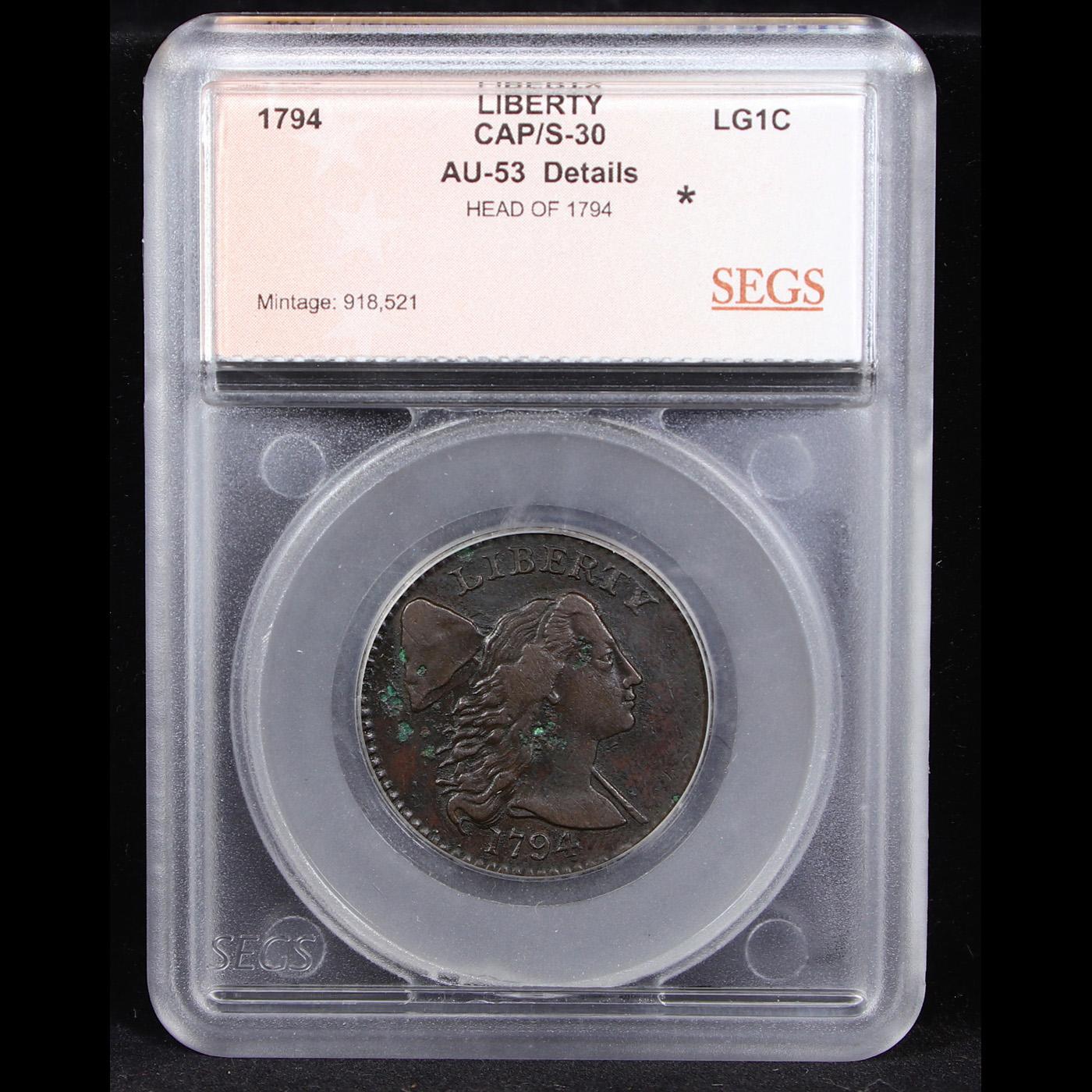 ***Auction Highlight*** 1794 Liberty Cap S-30 Flowing Hair large cent 1c Graded au53 details By SEGS