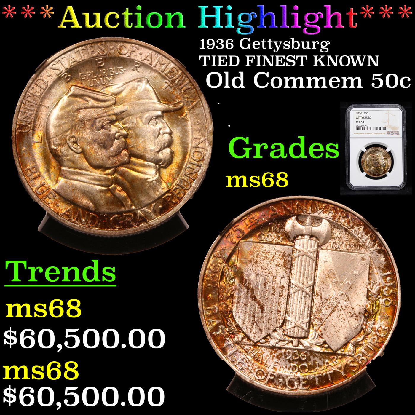 *HIGHLIGHT OF ENTIRE AUCTION* NGC 1936 Gettysburg TIED FINEST KNOWN Old Commem 50c ms68 BY NGC (fc)