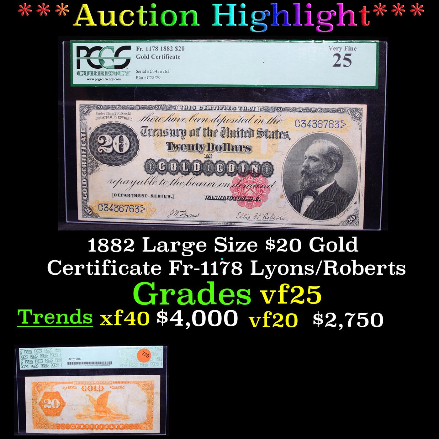 ***Auction Highlight*** PCGS 1882 Large Size $20 Gold Certificate Fr-1178 Lyons/Roberts Graded vf25