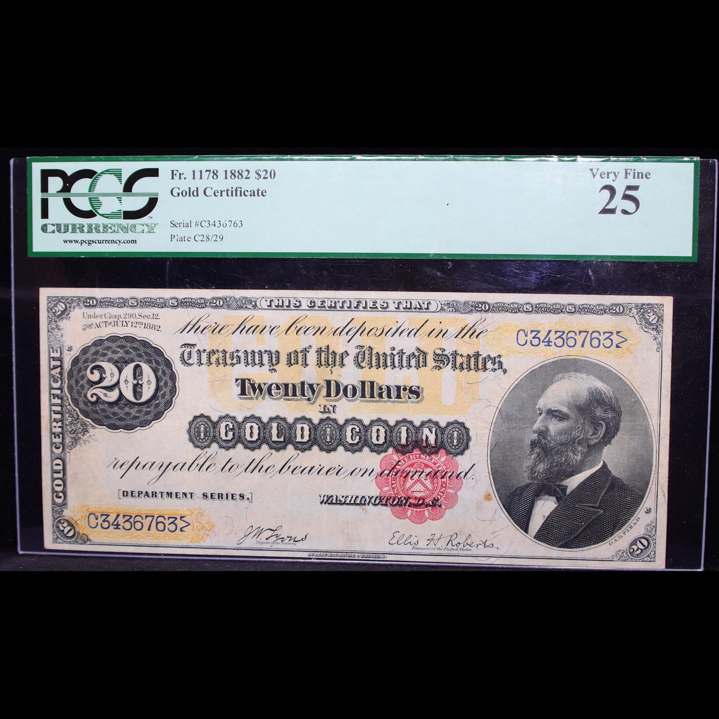 ***Auction Highlight*** PCGS 1882 Large Size $20 Gold Certificate Fr-1178 Lyons/Roberts Graded vf25