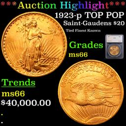 ***Auction Highlight*** 1923-p TOP POP Saint-Gaudens $20 Gold Double Eagle Graded ms66 By SEGS (fc)