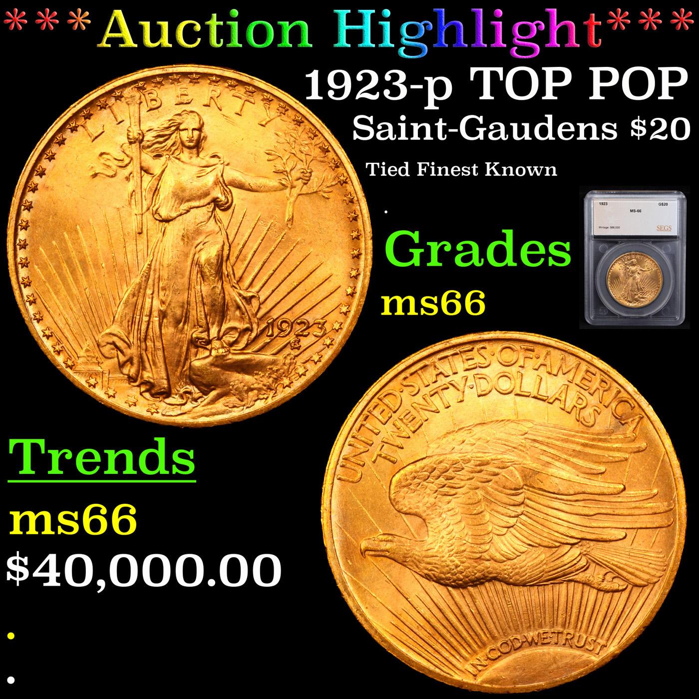 ***Auction Highlight*** 1923-p TOP POP Saint-Gaudens $20 Gold Double Eagle Graded ms66 By SEGS (fc)