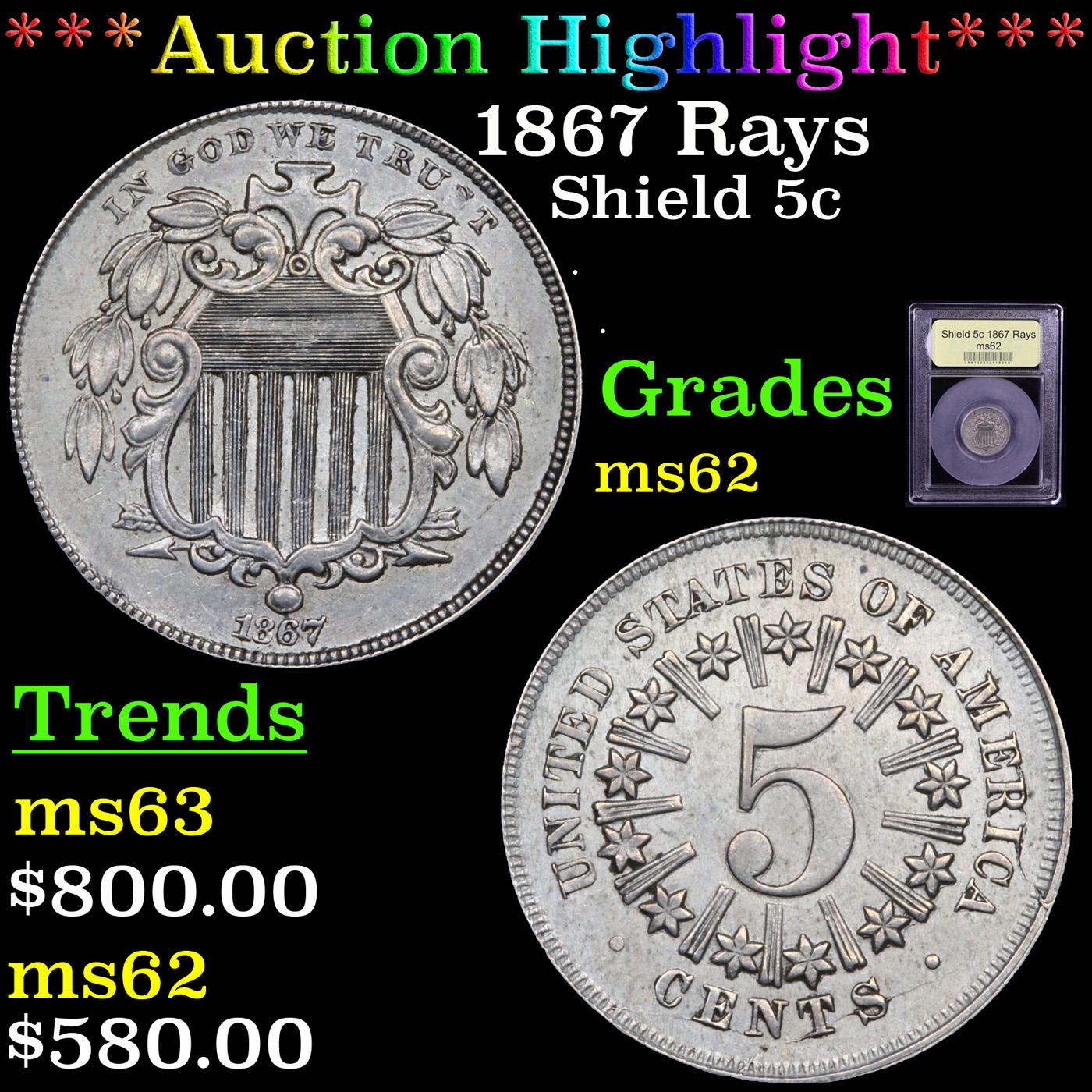 ***Auction Highlight*** 1867 Rays Shield Nickel 5c Graded Select Unc By USCG (fc)
