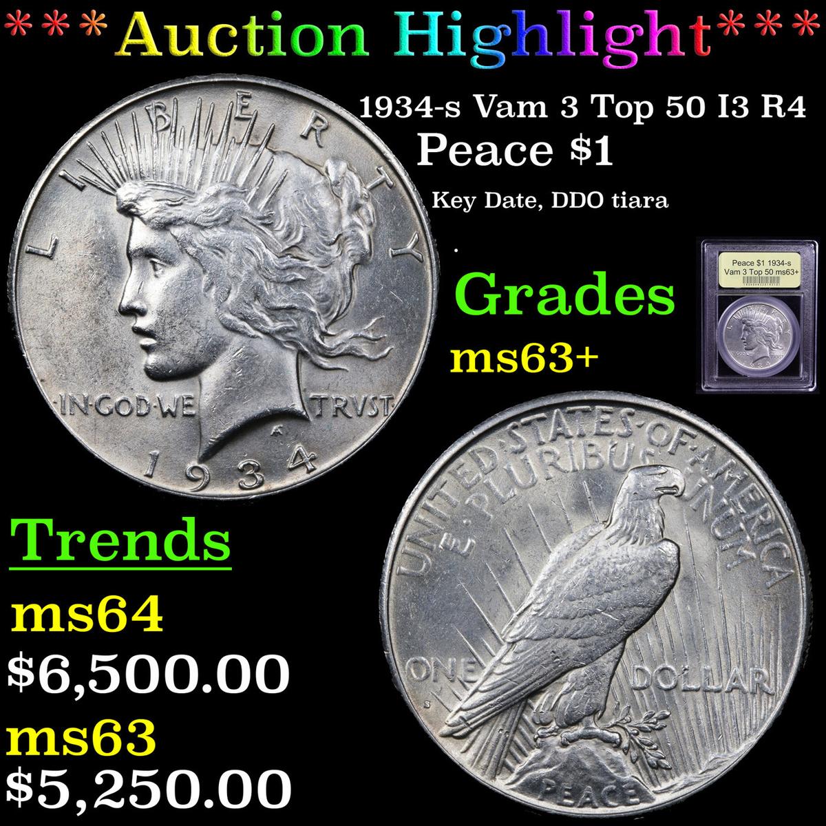 ***Auction Highlight*** 1934-s Vam 3 Top 50 I3 R4 Peace Dollar $1 Graded Select+ Unc By USCG (fc)