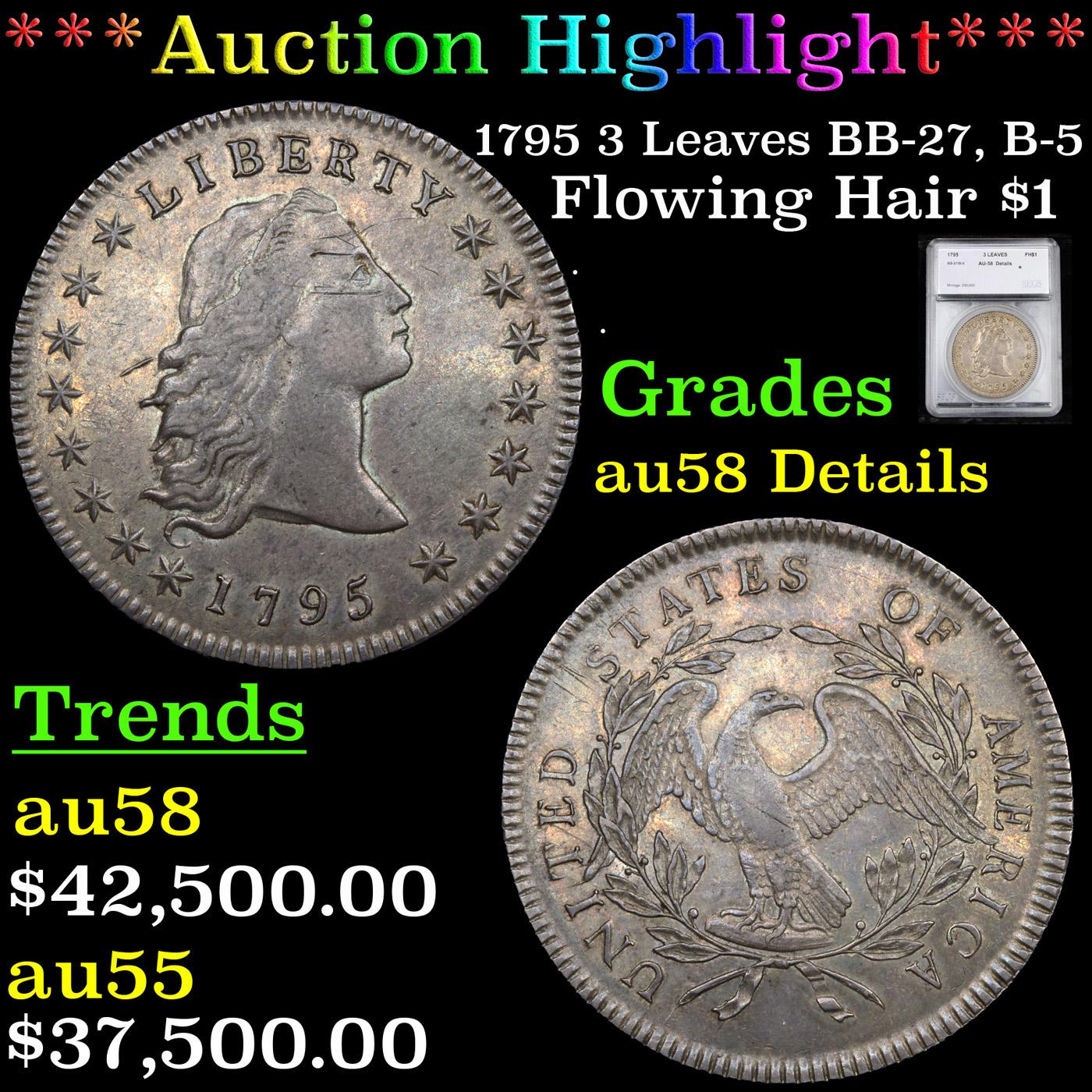 *HIGHLIGHT OF NIGHT* 1795 3 Leaves BB-27, B-5 Flowing Hair Dollar $1 Graded au58 Details By SEGS (fc