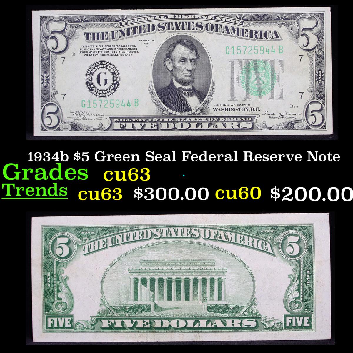 1934b $5 Green Seal Federal Reserve Note Grades Select CU