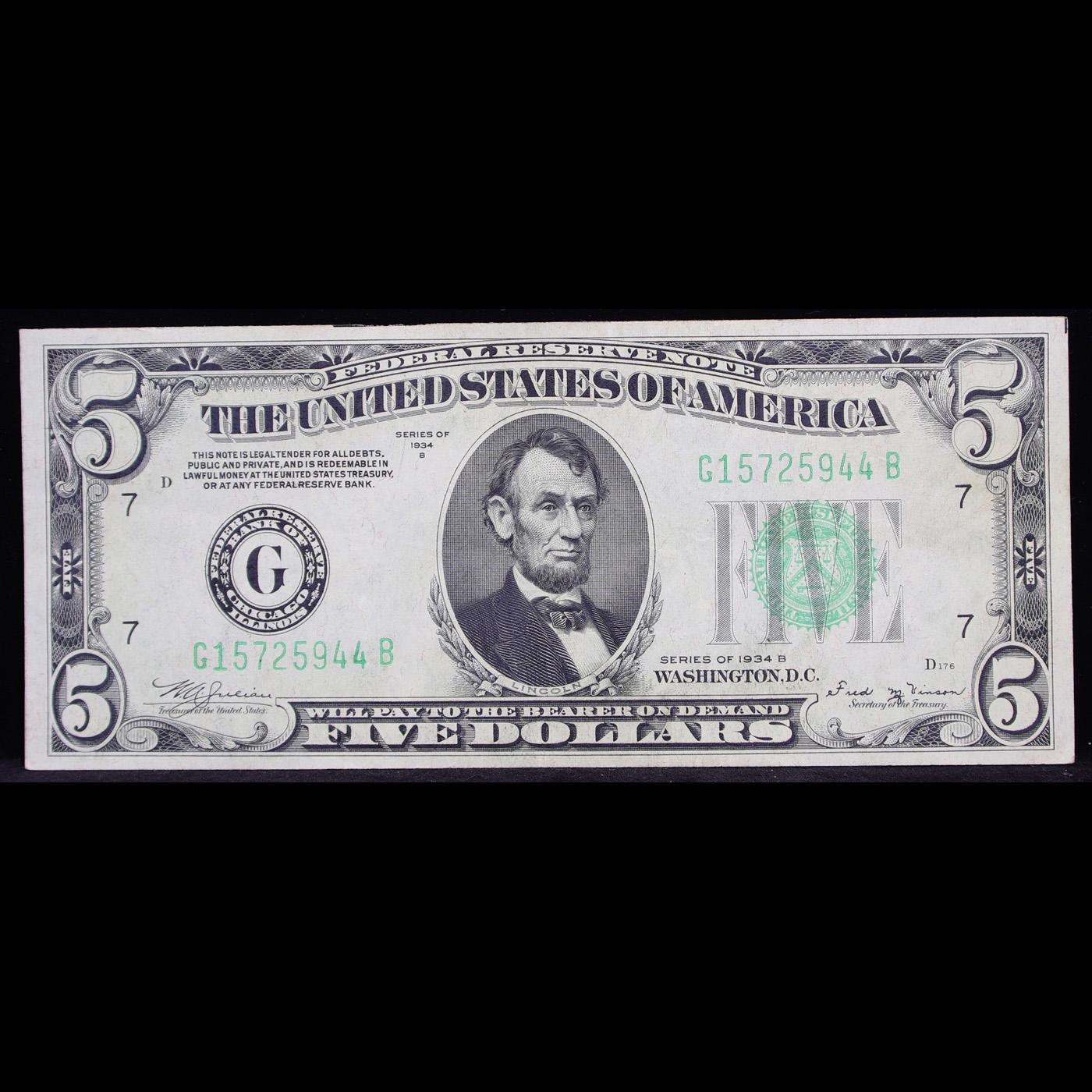 1934b $5 Green Seal Federal Reserve Note Grades Select CU