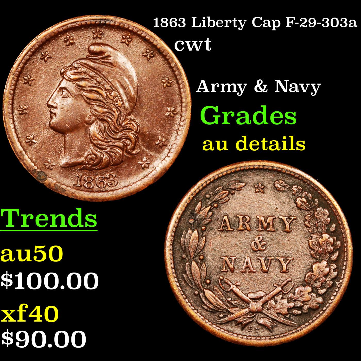 1863 Liberty Cap F-29-303a Civil War Token 1c Grades AU Details