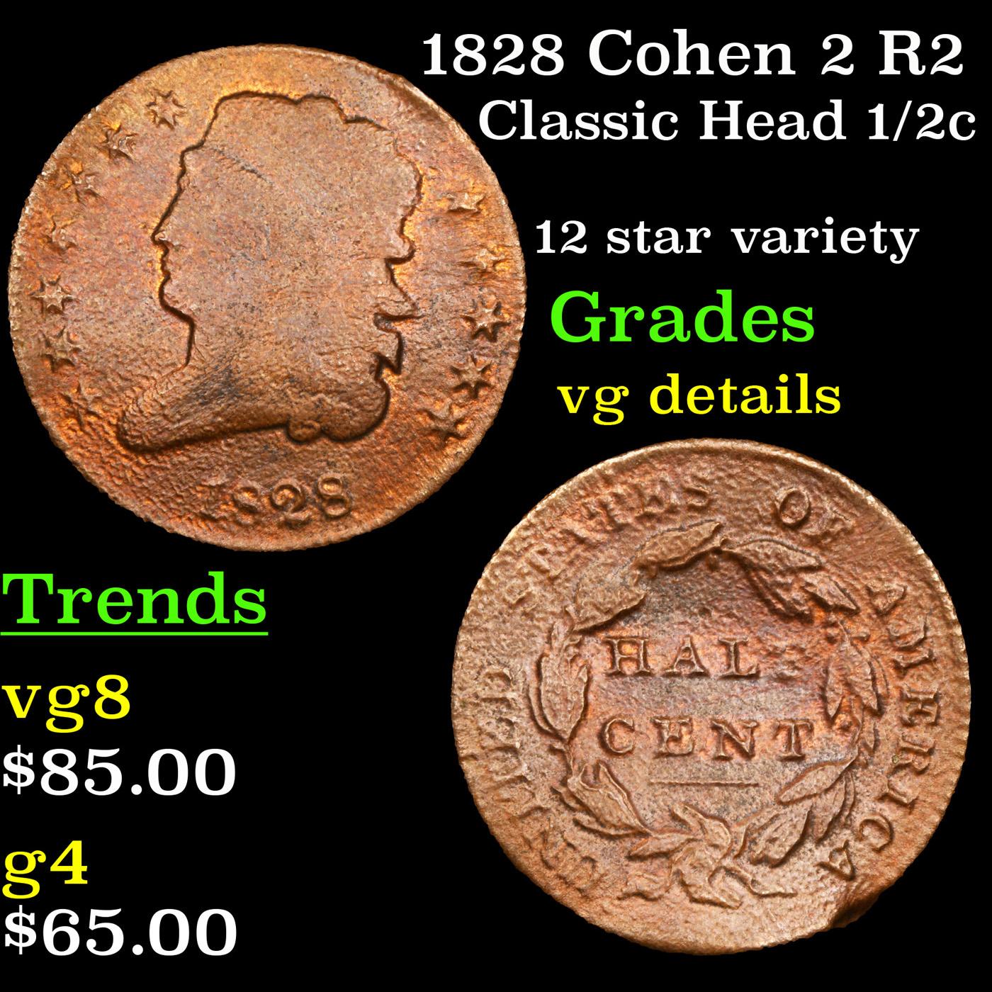 1828 Cohen 2 R2 Classic Head half cent 1/2c Grades vg details