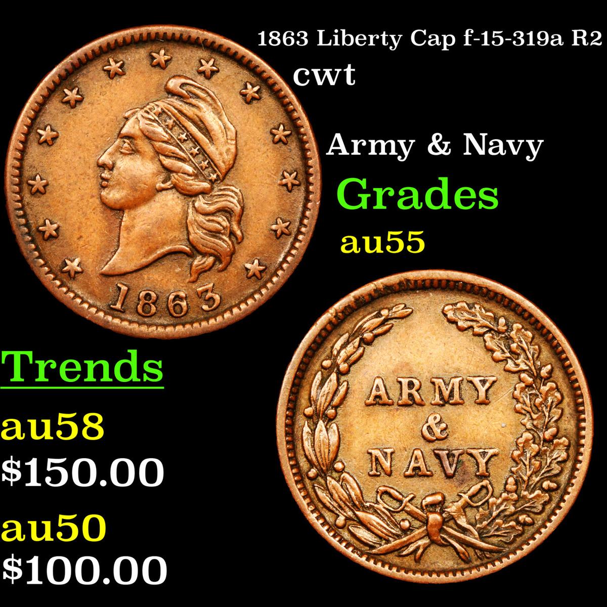 1863 Liberty Cap f-15-319a R2 Civil War Token 1c Grades Choice AU